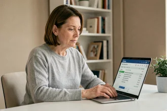 Femme en télétravail consultant son bulletin de salaire sur un ordinateur portable dans un bureau à domicile moderne