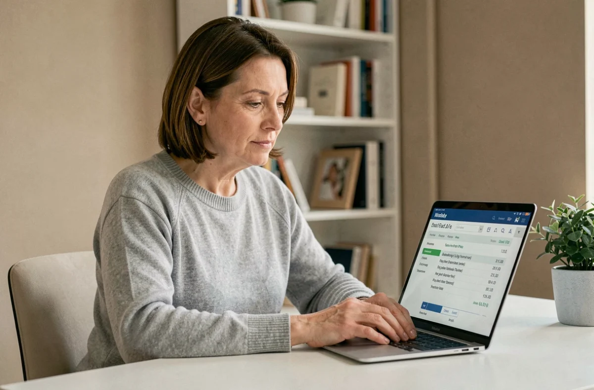 Femme en télétravail consultant son bulletin de salaire sur un ordinateur portable dans un bureau à domicile moderne