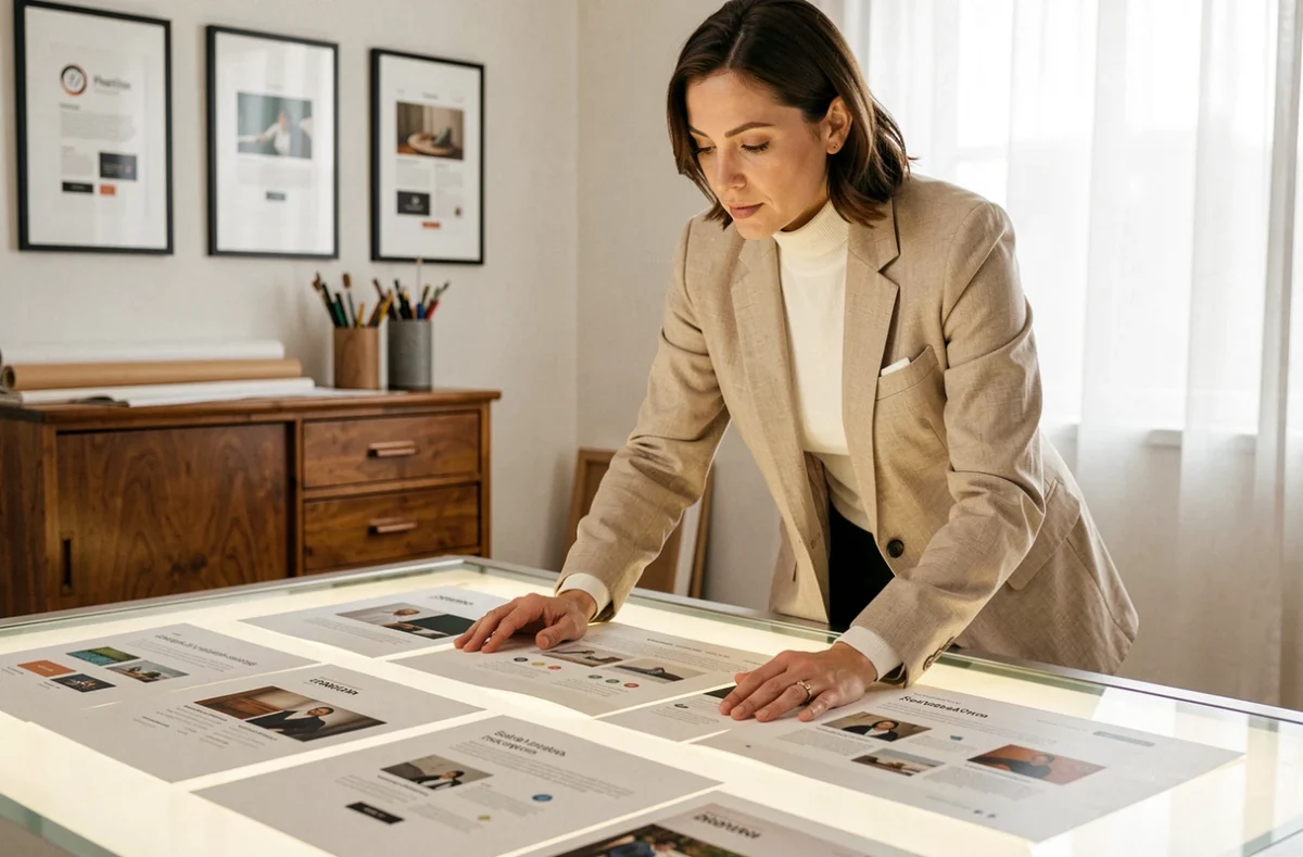 Designer graphique de l'agence RLH Création examinant des maquettes de sites web imprimées sur une table lumineuse dans un studio créatif