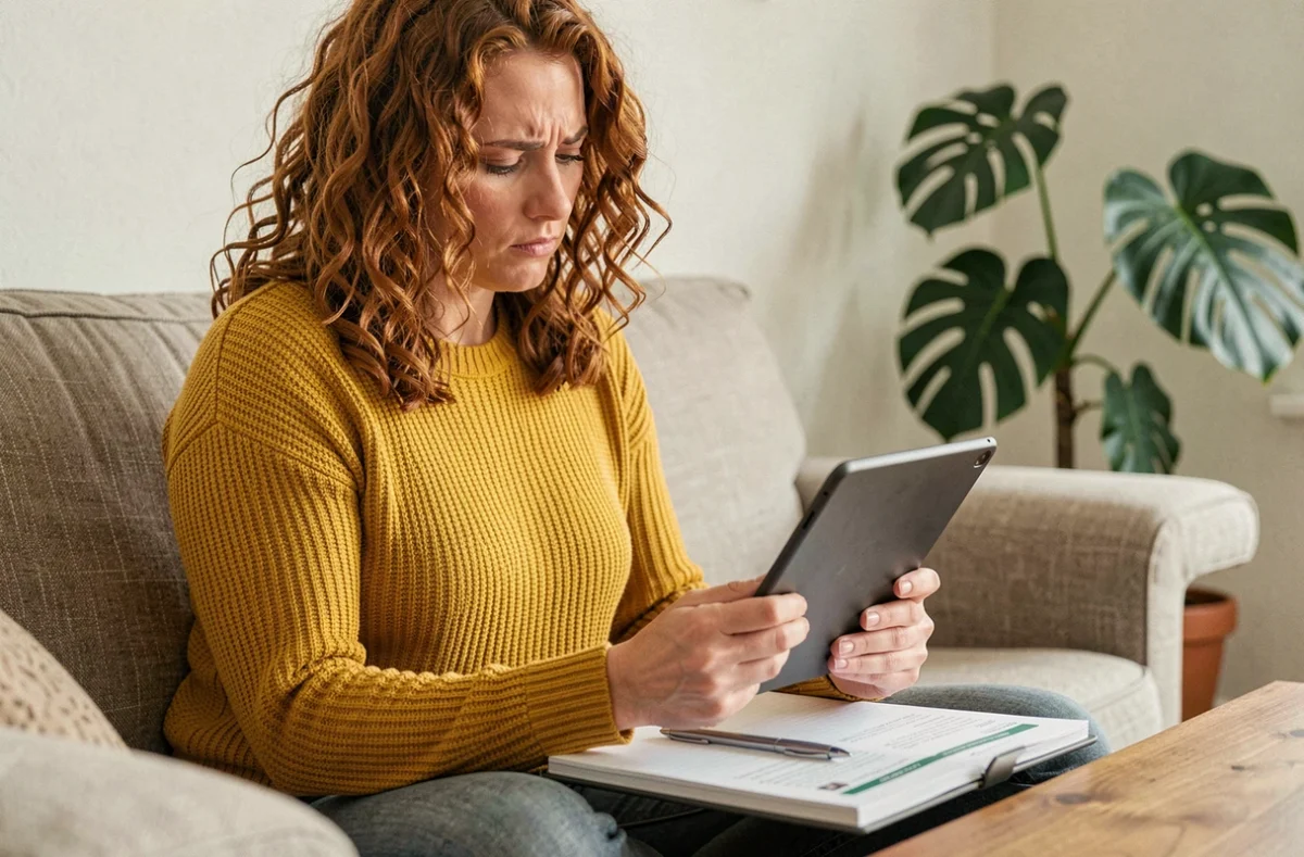 Jeune femme saisissant des critères de recherche d'emploi Pôle Emploi sur une tablette dans son salon