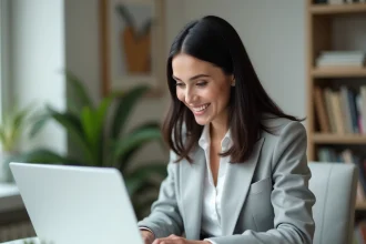 Salariée consultant sa fiche de paie dématérialisée sur un ordinateur portable depuis son bureau à domicile