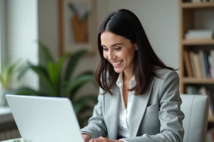 Salariée consultant sa fiche de paie dématérialisée sur un ordinateur portable depuis son bureau à domicile