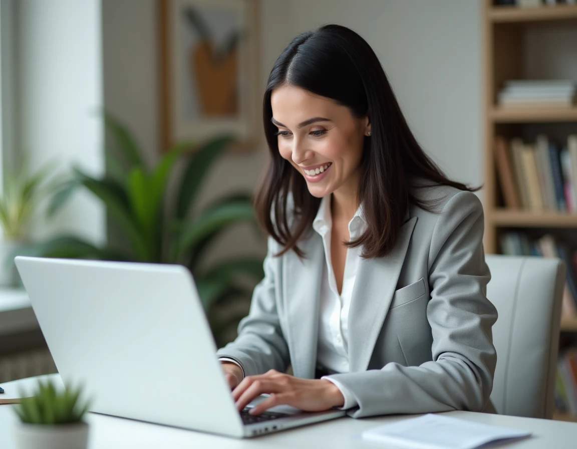 Salariée consultant sa fiche de paie dématérialisée sur un ordinateur portable depuis son bureau à domicile