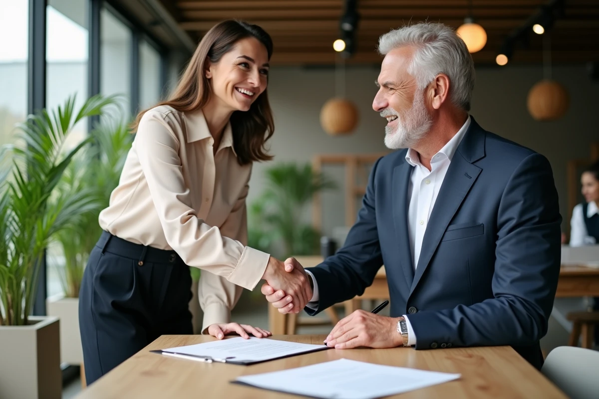 Jeune femme et homme se serrent la main après signature