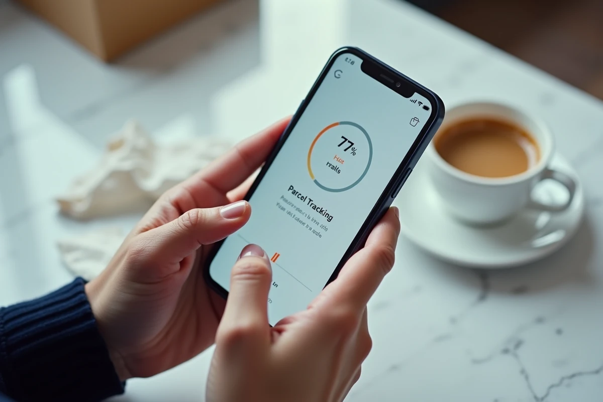 Gros plan sur un smartphone affichant un suivi de colis bloqué au hub Mondial Relay de Harnes sur un comptoir de cuisine