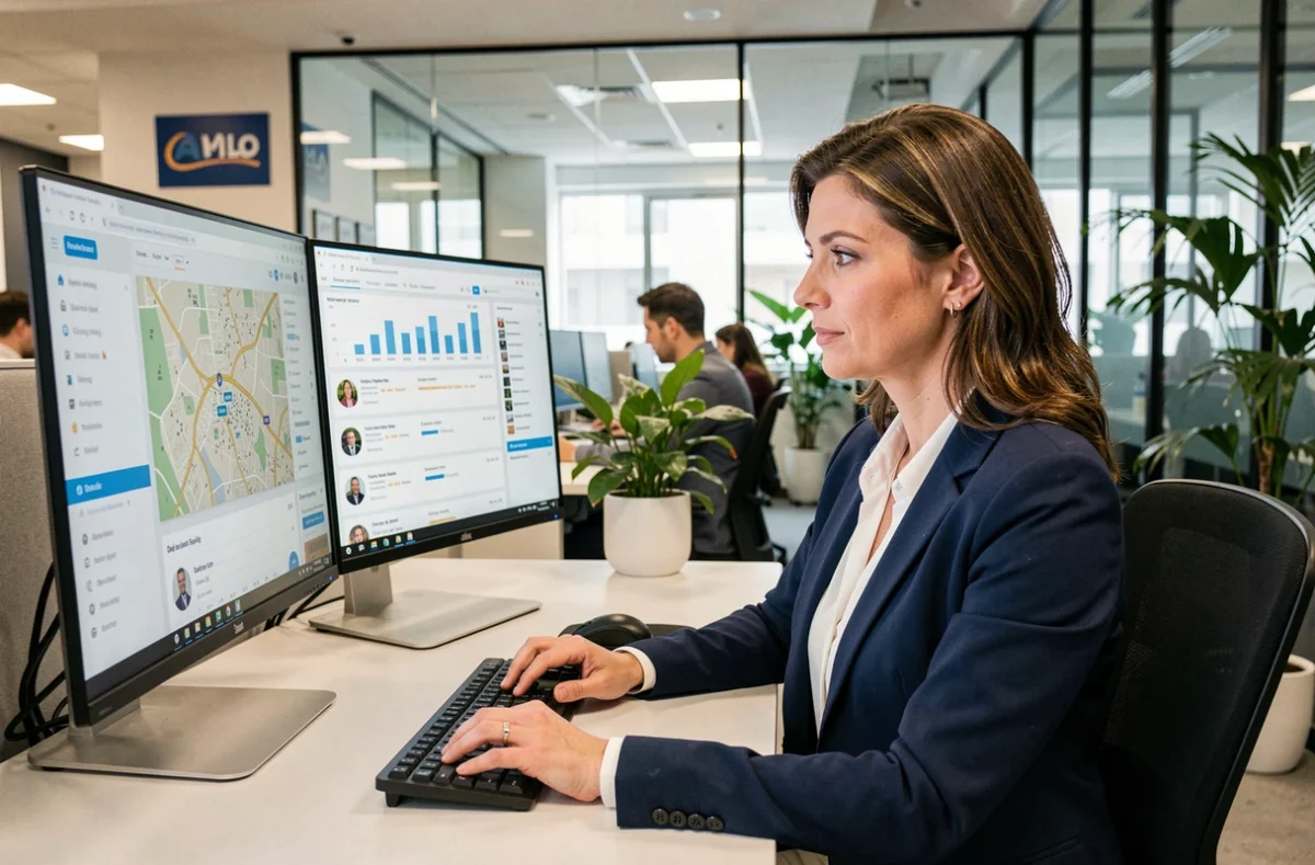 Professionnelle de l'agence Solocal analysant des données marketing local sur des écrans dans un bureau moderne