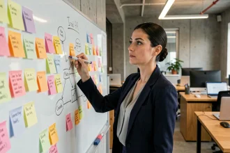 Stratège marketing digital debout devant un tableau blanc couvert de notes et de schémas représentant un mix marketing 10P en 2026