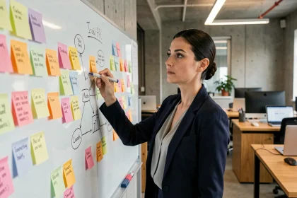 Stratège marketing digital debout devant un tableau blanc couvert de notes et de schémas représentant un mix marketing 10P en 2026