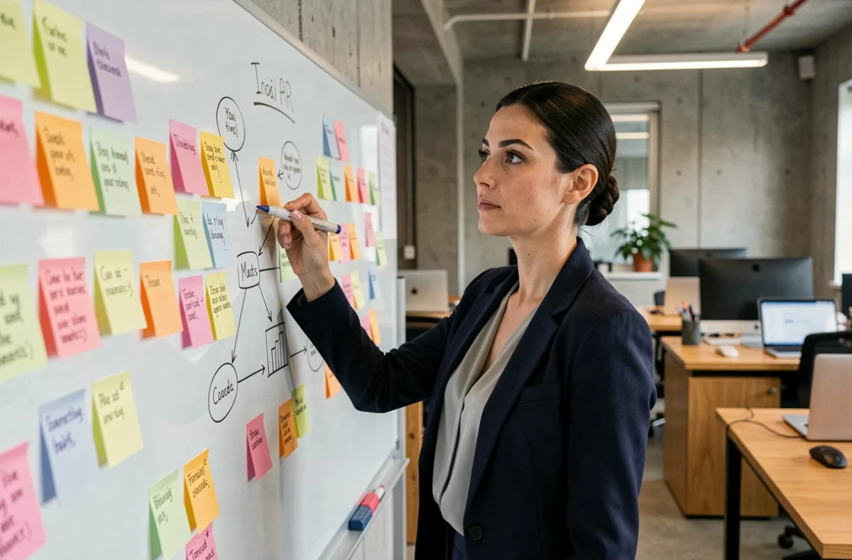Stratège marketing digital debout devant un tableau blanc couvert de notes et de schémas représentant un mix marketing 10P en 2026