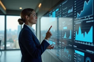 Entrepreneuse analysant des indicateurs économiques territoriaux sur un écran numérique dans un espace de travail moderne
