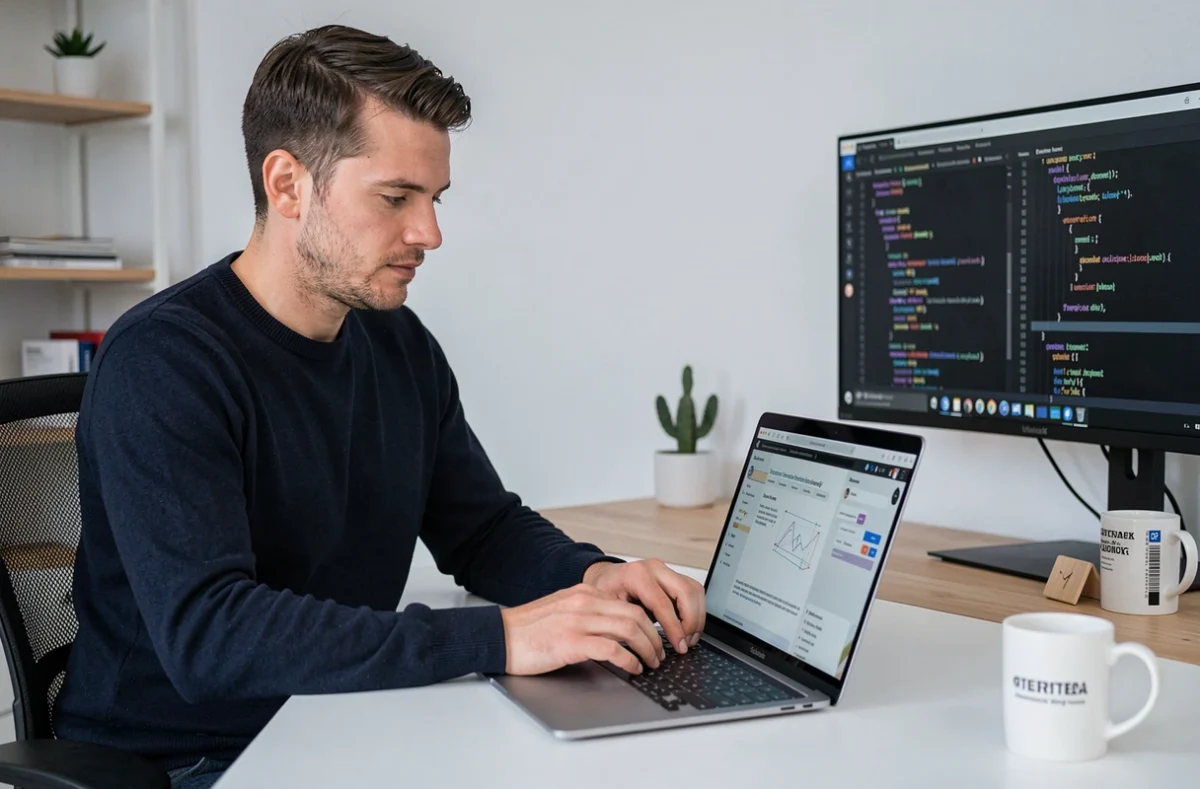 Développeur web de l'agence Studionet travaillant sur des wireframes de sites web dans un studio moderne