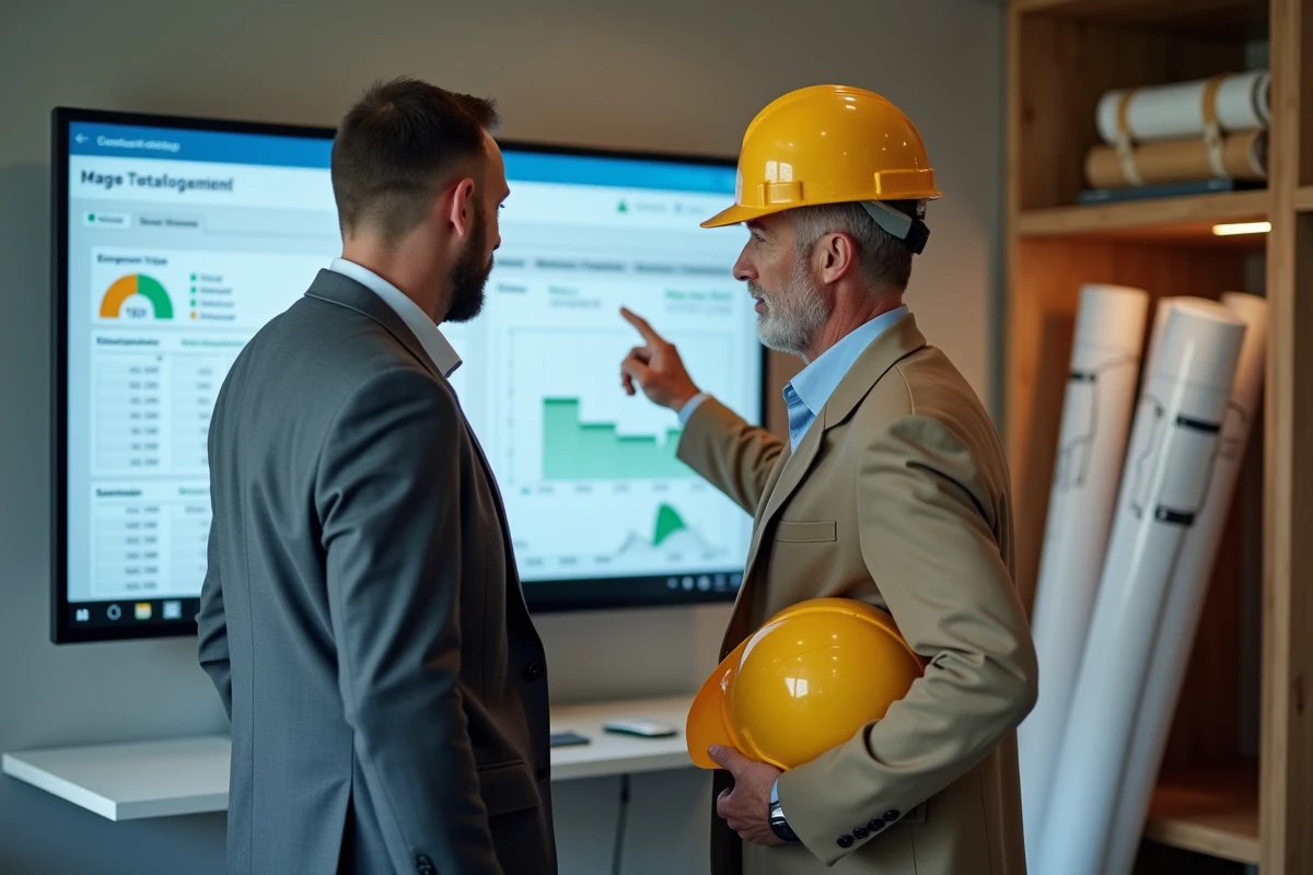 Conducteur de travaux et commercial examinant un tableau de bord de suivi de chantier sur écran dans un bureau de chantier