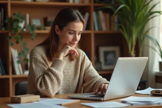 Femme frustrée devant son ordinateur portable vérifiant le suivi d'un colis Mondial Relay bloqué au site hub Harnes