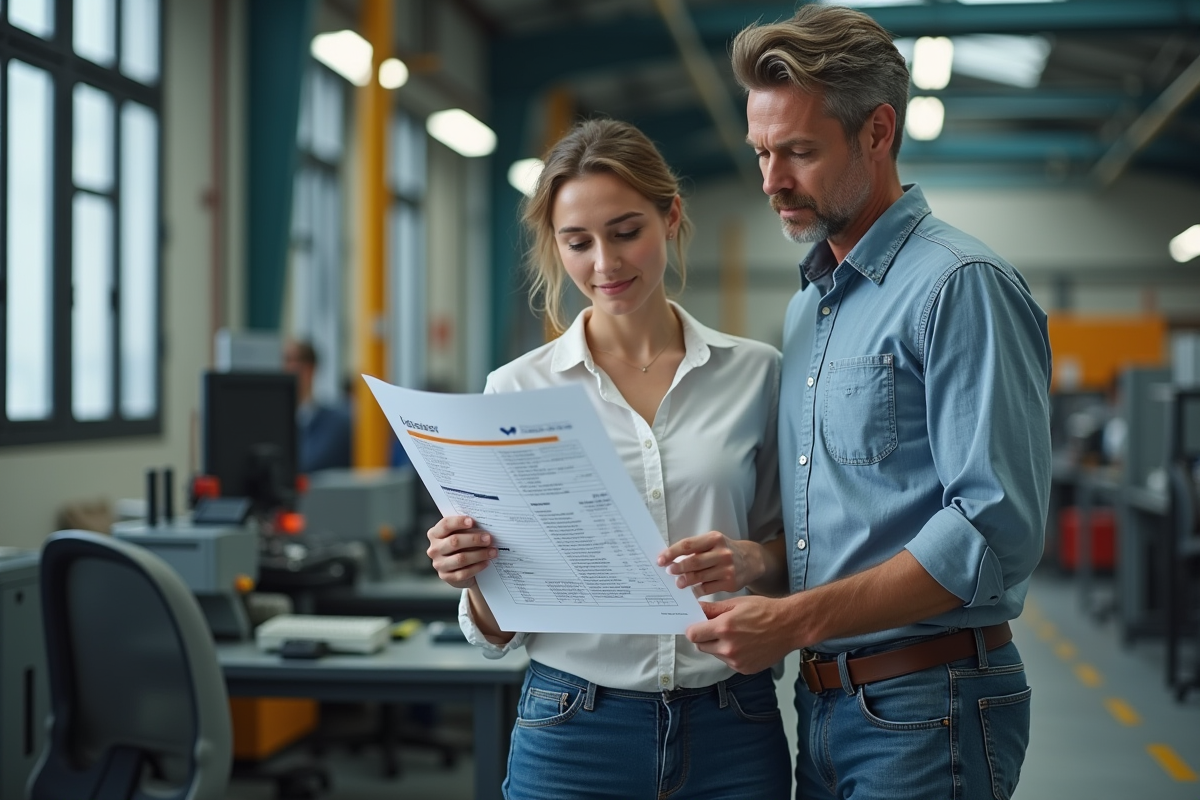 Superviseur et collègue examinant un graphique dans une usine