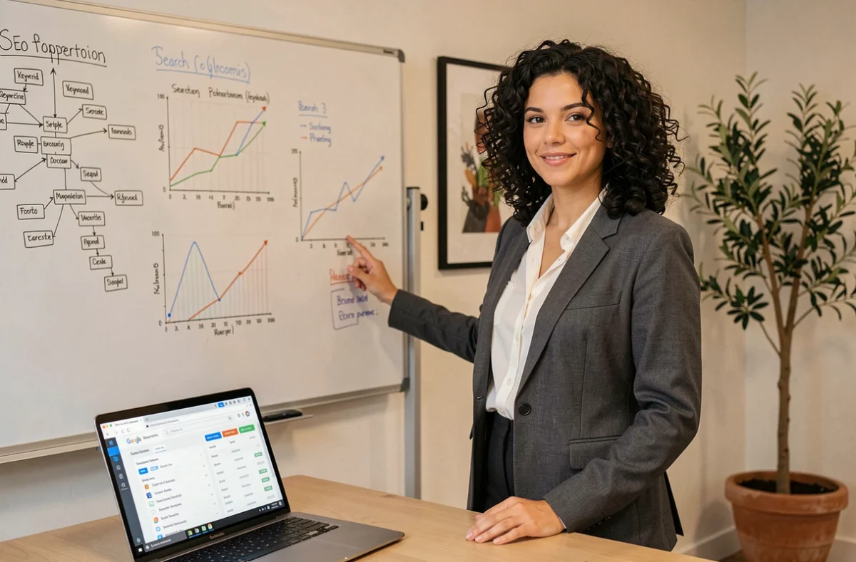 Stratège SEO de l'agence Sweep devant un tableau blanc avec des cartes de mots-clés et des graphiques de positionnement à Montpellier