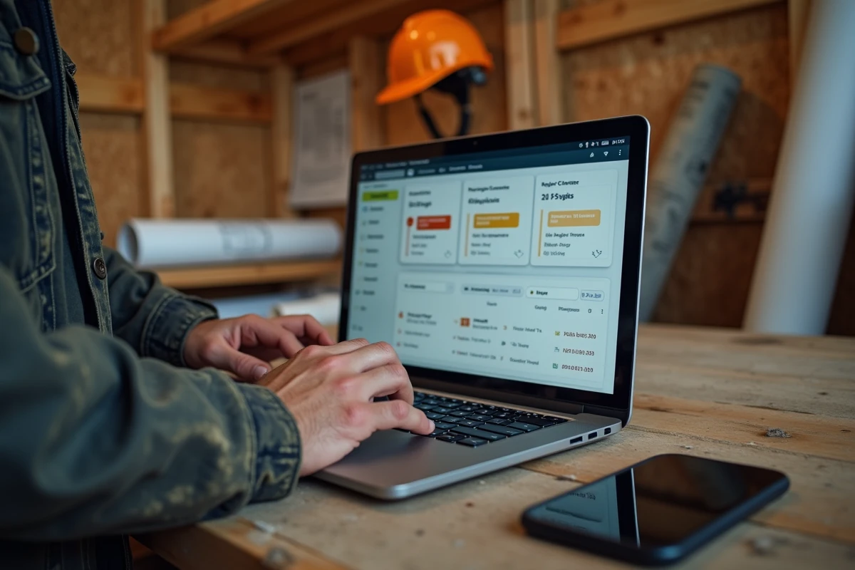 Professionnel du BTP accédant à un tableau de bord de gestion client sur ordinateur depuis un bureau de chantier