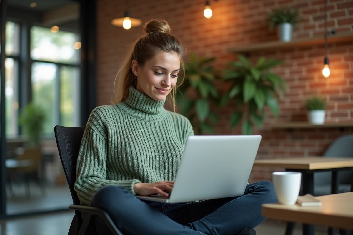 Jeune professionnelle g&eacute;rant ses t&acirc;ches RH quotidiennes sur DeskRH dans un espace de coworking