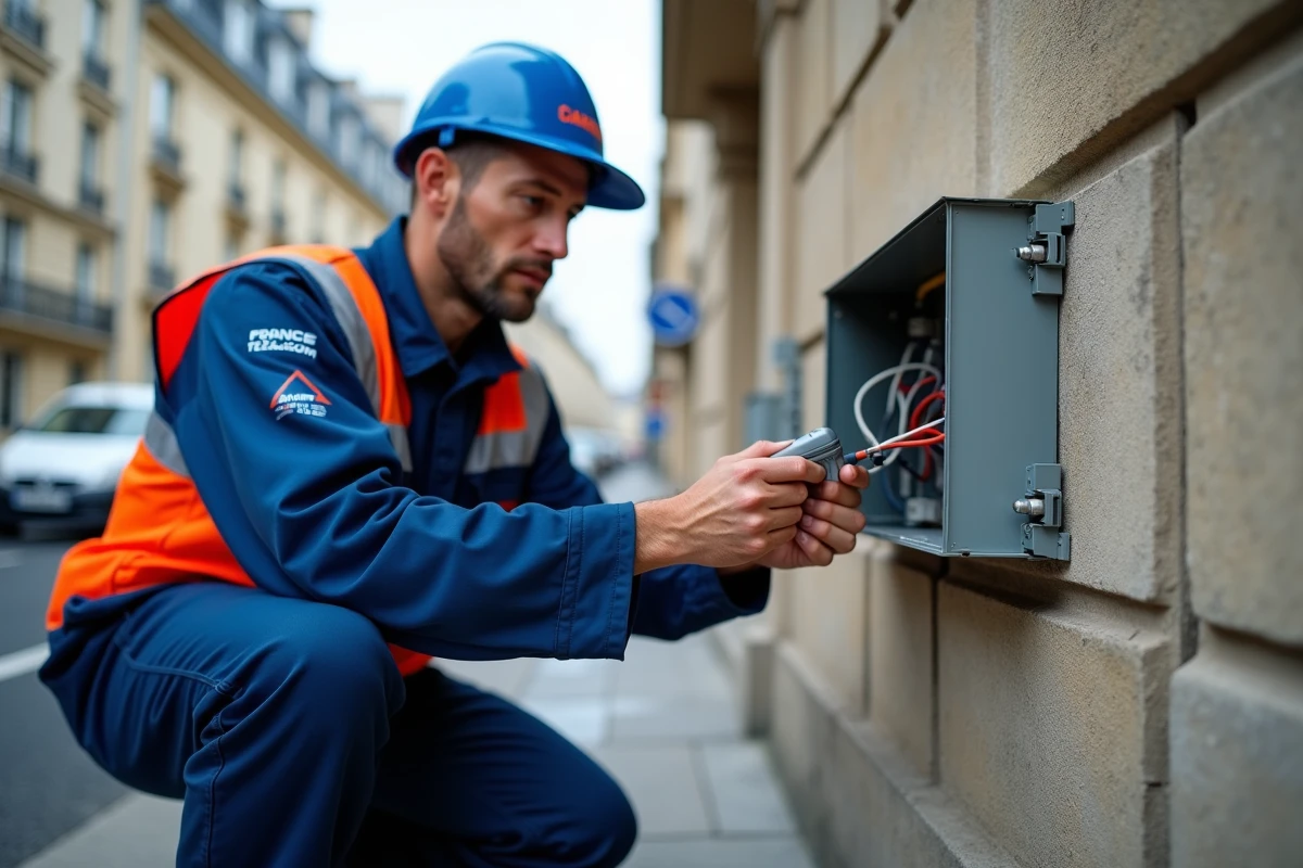 Technicien France Télécom intervenant sur un boîtier de connexion téléphonique en milieu urbain