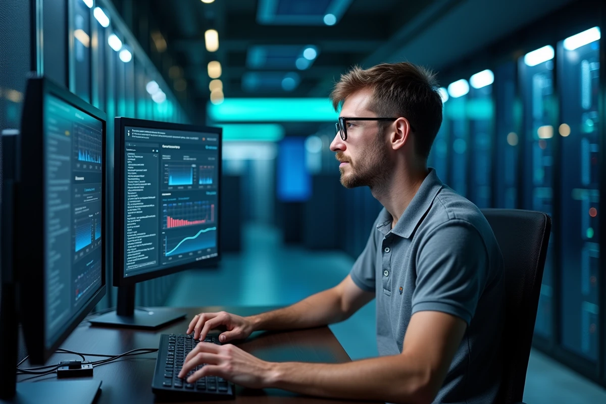 Technicien informatique infogérance surveillant l'infrastructure réseau d'une PME sur plusieurs écrans