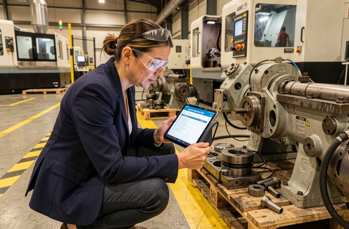 Technicienne vérifiant la conformité d'un équipement industriel avec le dossier de construction technique sur tablette