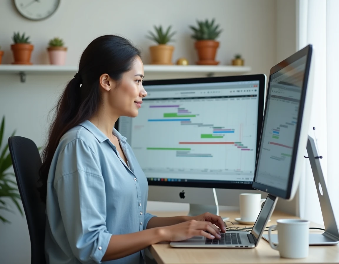 Femme en télétravail gérant un planning d'équipe partagé sur application de gestion de projet