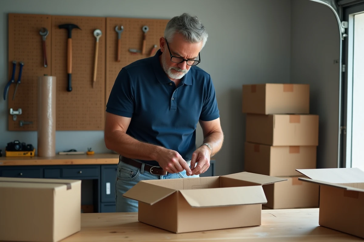 Homme effectuant un travail d'emballage à domicile dans son garage, assemblant des produits dans des boîtes en carton sur un établi
