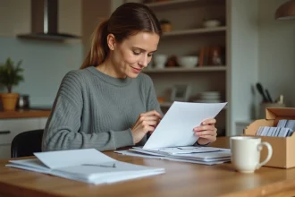 Femme travaillant à domicile en train de plier des documents et de les mettre sous pli dans des enveloppes blanches sur une table en bois