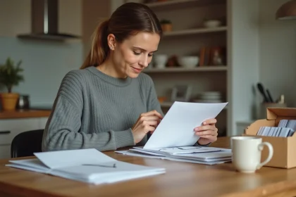 Femme travaillant à domicile en train de plier des documents et de les mettre sous pli dans des enveloppes blanches sur une table en bois