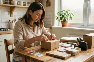 Femme travaillant à domicile sur une tâche d'emballage de produits à la table de sa cuisine, entourée de boîtes et de matériaux d'emballage