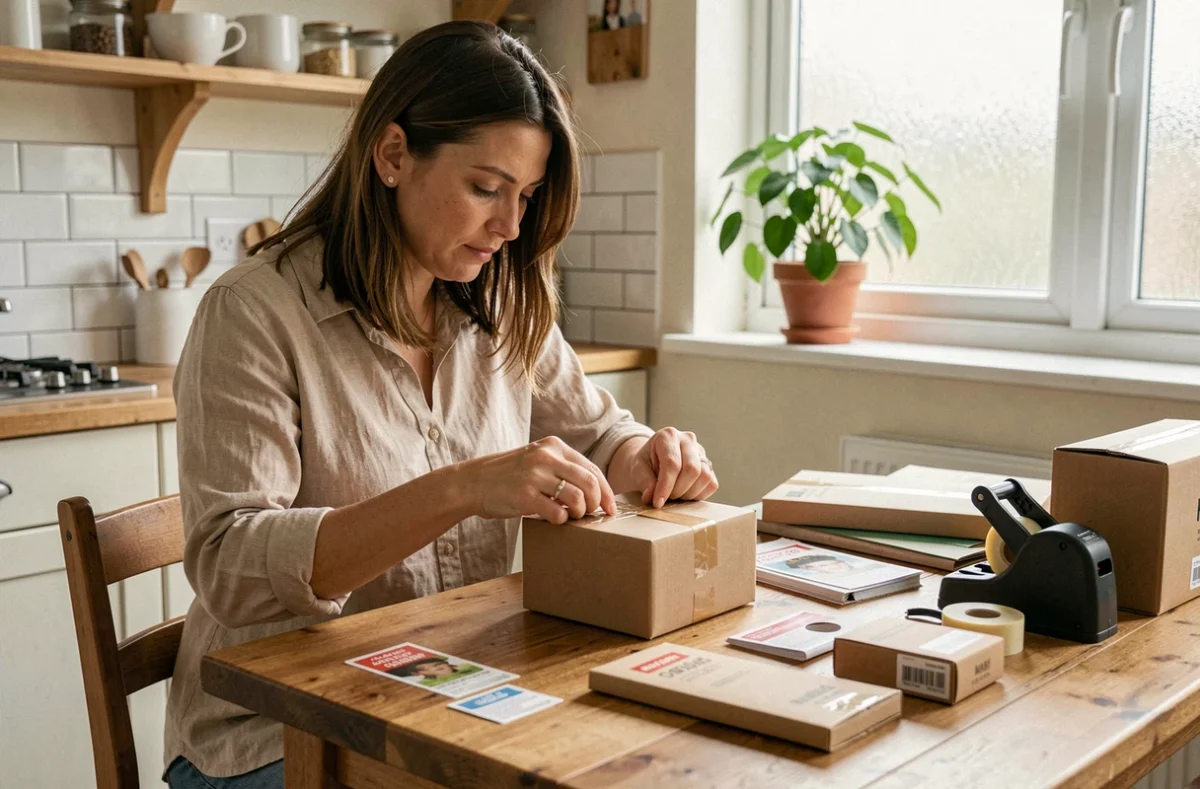 Femme travaillant à domicile sur une tâche d'emballage de produits à la table de sa cuisine, entourée de boîtes et de matériaux d'emballage