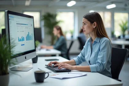 Femme utilisant un logiciel RH DeskRH sur son ordinateur dans un bureau moderne