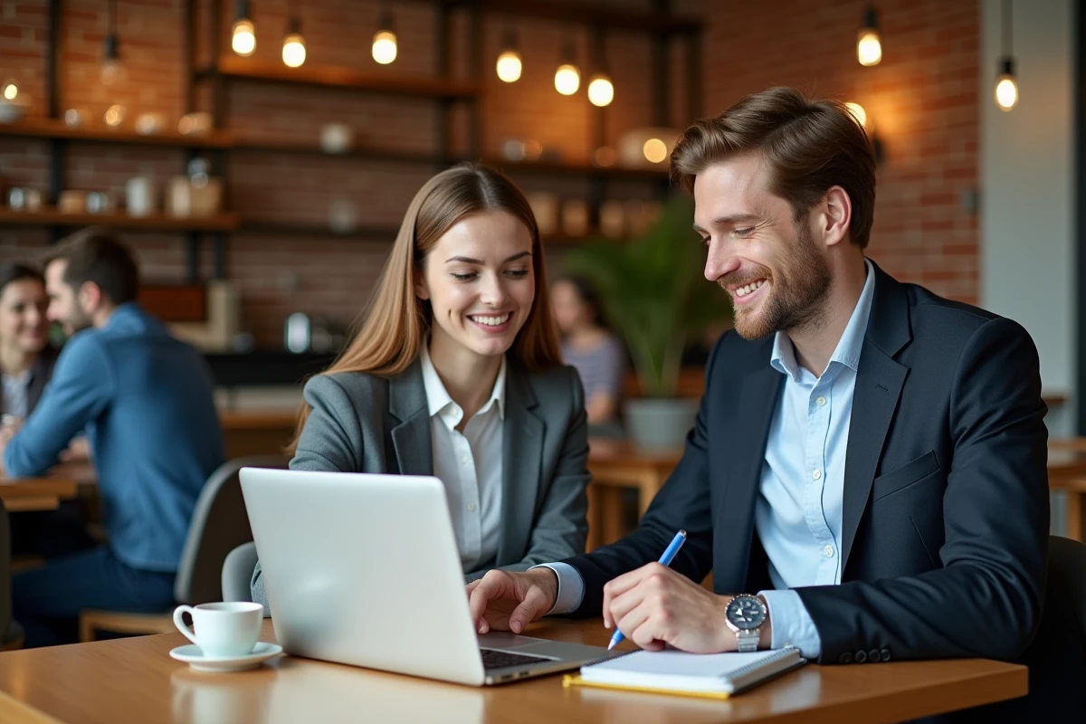 Deux collègues vérifiant ensemble la fiabilité d'une entreprise en ligne depuis un café avec ordinateur portable et notes