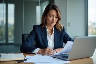 Femme professionnelle vérifiant la fiabilité d'une entreprise sur documents et ordinateur portable dans un bureau moderne