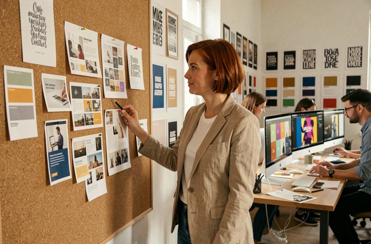 Directrice créative de l'agence Visions Nouvelles présentant un moodboard de campagne digitale dans un studio moderne à Montpellier